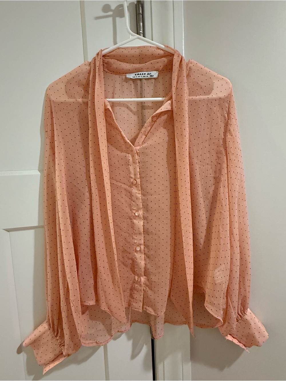 Tally Weijl Peach Polka Dot Tie-Neck Blouse | Size Small